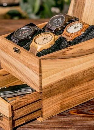 Скринька для годинника з дерева на 4 годинника з ящиком і дерев'яною кришкою4 фото