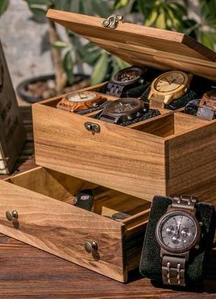 Коробка для хранения часов на 6 ячеек с ящиком и деревянной крышкой