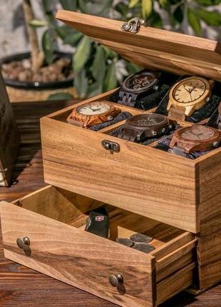 Коробка для хранения часов на 6 ячеек с ящиком и деревянной крышкой