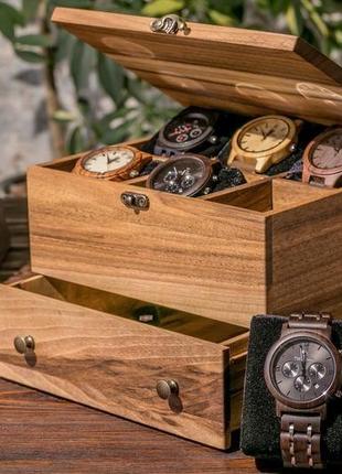 Коробка для хранения часов на 6 ячеек с ящиком и деревянной крышкой