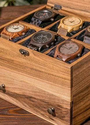 Коробка для хранения часов на 6 ячеек с ящиком и деревянной крышкой