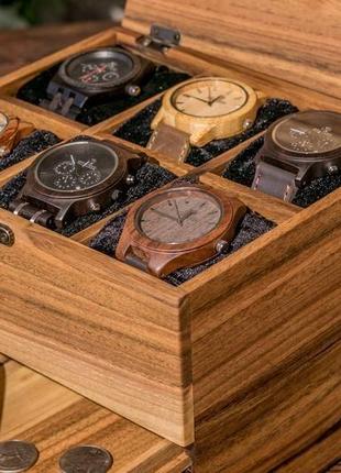 Коробка для хранения часов на 6 ячеек с ящиком и деревянной крышкой
