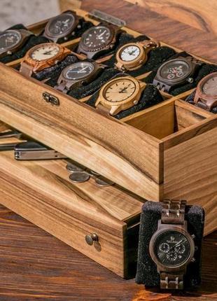 Кейс для хранения часов на 10 ячеек с ящиком и деревянной крышкой