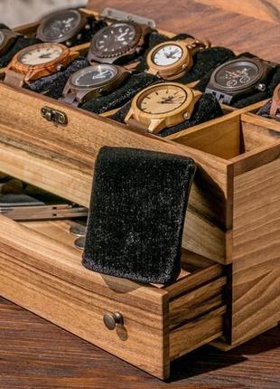 Кейс для хранения часов на 10 ячеек с ящиком и деревянной крышкой