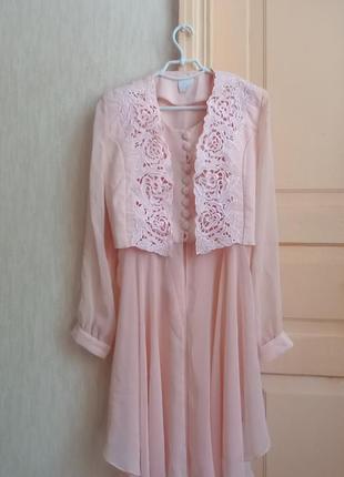 Vintage style рожевий костюм сукня з жакетом на гудзиках кремовий вінтаж