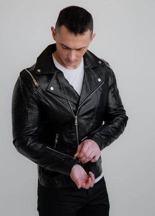 Чоловіча чорна шкіряна куртка косуха6 фото