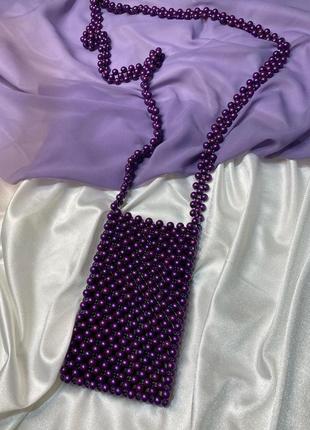 Сумочка-аксесуар для телефону з фіолетових намистин1 фото