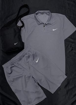 Комплект поло сіре nike + сірі шорти + барсетка1 фото