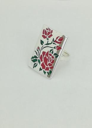 Кольцо с эмалью роза