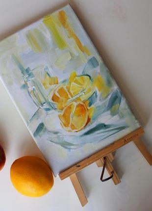 Картина маслом на полотні натюрморт, апельсини, натюрморт, маленька картина маслом2 фото