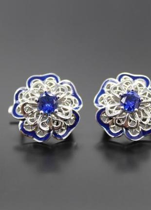 Комплект срібних прикрас з синьою емаллю "пишні квіти" із стерлінгового срібла2 фото