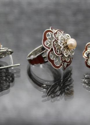 Комплект серебряных украшений 925 пробы с коричневой эмалью и жемчугом "пышные цветы"5 фото