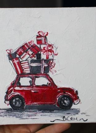 Картина маслом на полотні червона машина, машина з подарунками, маленька картина маслом5 фото