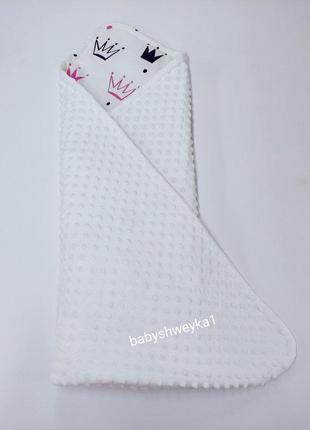 Конверт-плед дитячий демісезонний для дівчинки, з білого плюшу minky, и100%польського білої бавовни з коронами4 фото