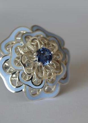 Комплект серебряных украшений 925 пробы с голубой эмалью и фианитом "пышные цветы"6 фото