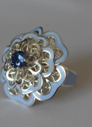 Комплект серебряных украшений 925 пробы с голубой эмалью и фианитом "пышные цветы"4 фото