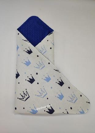 Конверт-ковдру демісезонний дитячий для хлопчика, з синього плюшу minky и100%білого польського бавовни з коронами2 фото