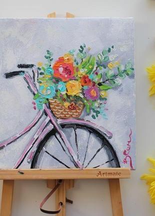 Картина маслом на полотні велосипед, картина квіти, маленька картина маслом
