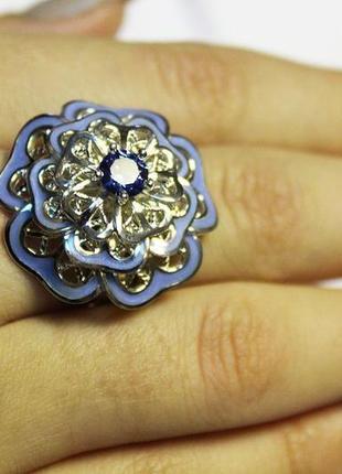 Серебряное кольцо 925 пробы с эмалью и фианитом (или жемчугом) из набора "пышные цветы"7 фото
