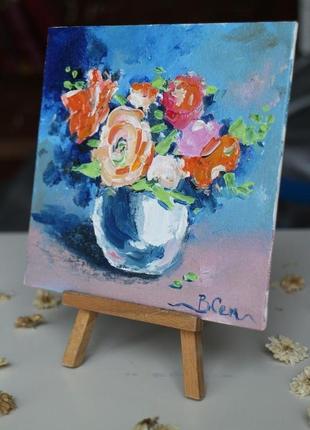 Картина маслом на полотні квіти, букет квітів у вазі, маленька картина маслом3 фото