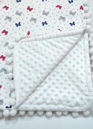 Конверт -плед дитячий демісезонний, з білим плюшем minky і 100% білої бавовни з бантиками, і помпонами.