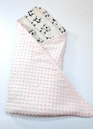 Конверт-плед дитячий демісезонний, з ніжного рожевого плюшу minky и100%бавовни ніжно бежевого кольору з пандами2 фото