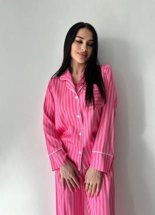 Стильна жіноча піжама рубашка + штани  в трендову смужку9 фото