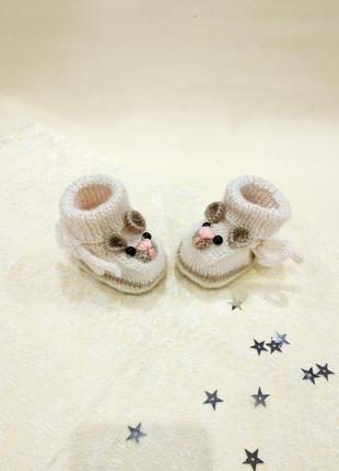 Пинетки мишки молочного цвета на завязках, детская обувь5 фото