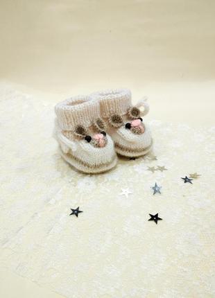Пинетки мишки молочного цвета на завязках, детская обувь9 фото