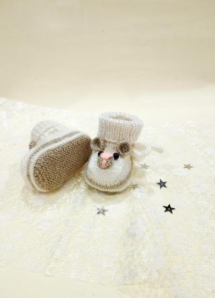 Пинетки мишки молочного цвета на завязках, детская обувь3 фото