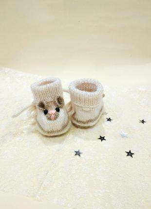 Пинетки мишки молочного цвета на завязках, детская обувь2 фото