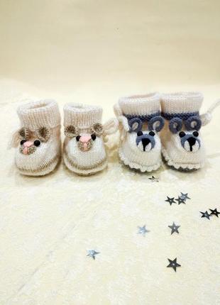 Пинетки мишки молочного цвета на завязках, детская обувь6 фото