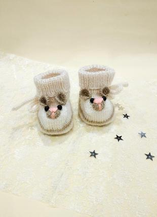 Пинетки мишки молочного цвета на завязках, детская обувь8 фото