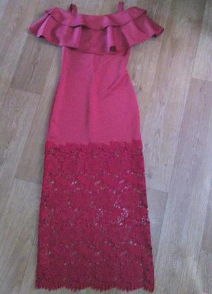 Длинное платье волан с дорогим гипюром,инд. пошив, ярко - красное