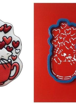 Трафарет для пряников и тортов + формочка "котик в кружке с сердечками"