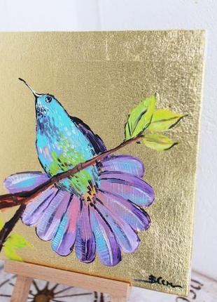 Картина маслом с золотой поталью райская птица