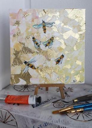 Картина масляная живопись пчелы с золотой поталью
