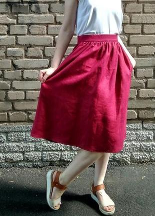 Натуральная бордовая юбка марсала из льна xs-xxxl2 фото