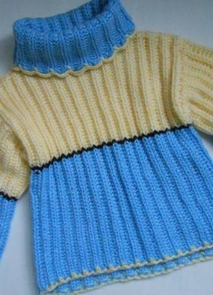 Кофта желто-голубая вязаная детская с рельефным узором на 2-4 года2 фото