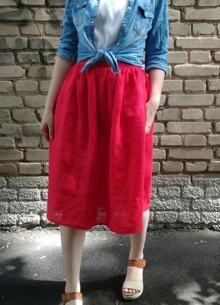 Льняная пышная красная юбка из льна с карманами xs-xxxl2 фото