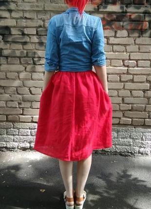 Льняная пышная красная юбка из льна с карманами xs-xxxl