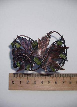 Мідний браслет кленове листя з хризолітом6 фото