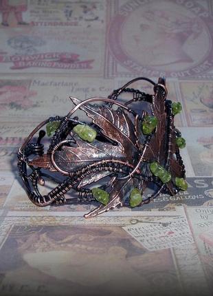 Медный браслет кленовые листья с хризолитом8 фото