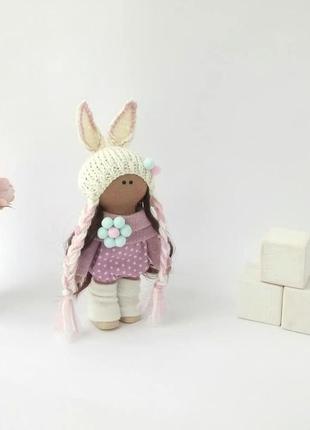 Текстильна лялька маленька в шапочці зайчик2 фото