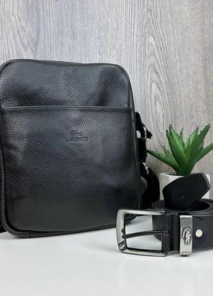 Мужской набор кожаная сумка планшетка стиль лакоста + поясной кожаный ремень