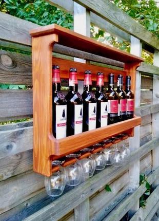Барна полиця для вина на 8 пляшок з утримувачем для келихів8 фото