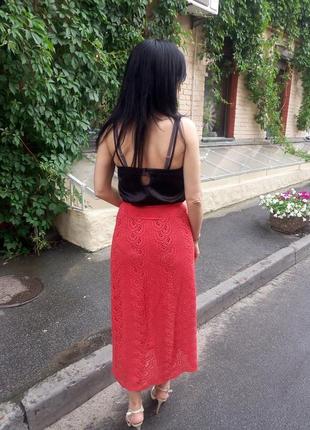 Юбка красная кружевная юбка миди ажурная цвета терракота вязаная ажурная кружевная юбка2 фото