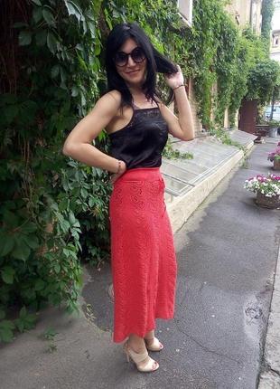 Юбка красная кружевная юбка миди ажурная цвета терракота вязаная ажурная кружевная юбка8 фото