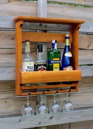 Деревянная полка для 4 бутылок с держателем для бокалов