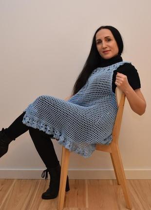 Платье женское вязаное голубое, хлопковое. платье сеточкой с цветочным воланом5 фото